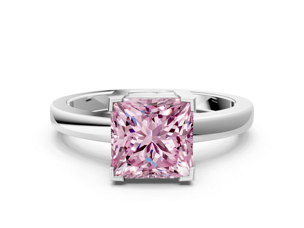 Platinum Fancy Pink Princess  Cut Solitaire Ring with Four-Prong Setting and Classic Band
