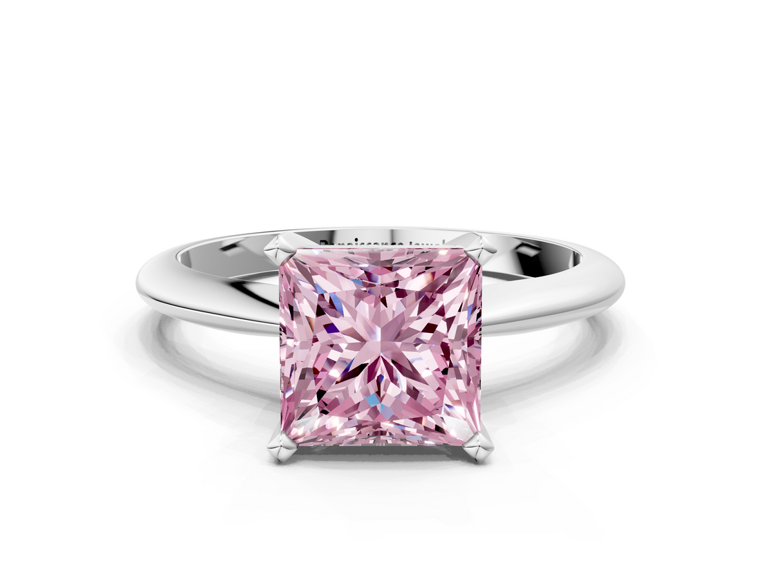 White gold Fancy Pink Princess  Cut Solitaire Ring with Four-Prong Setting on a Classic Band