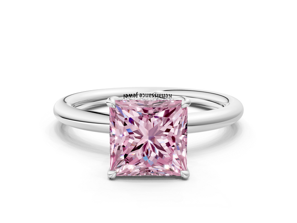 White gold Fancy Pink Princess Cut Diamond Solitaire Ring with Thin Band and Four-Prong Setting