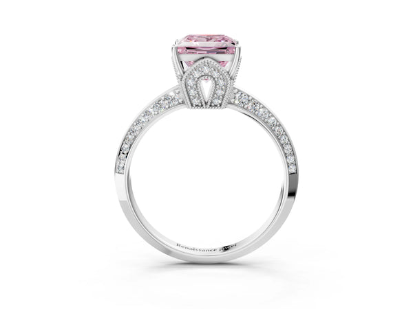 White Gold Princess Cut Graduated Pave Engagement Ring Setting for Fancy Pink Center