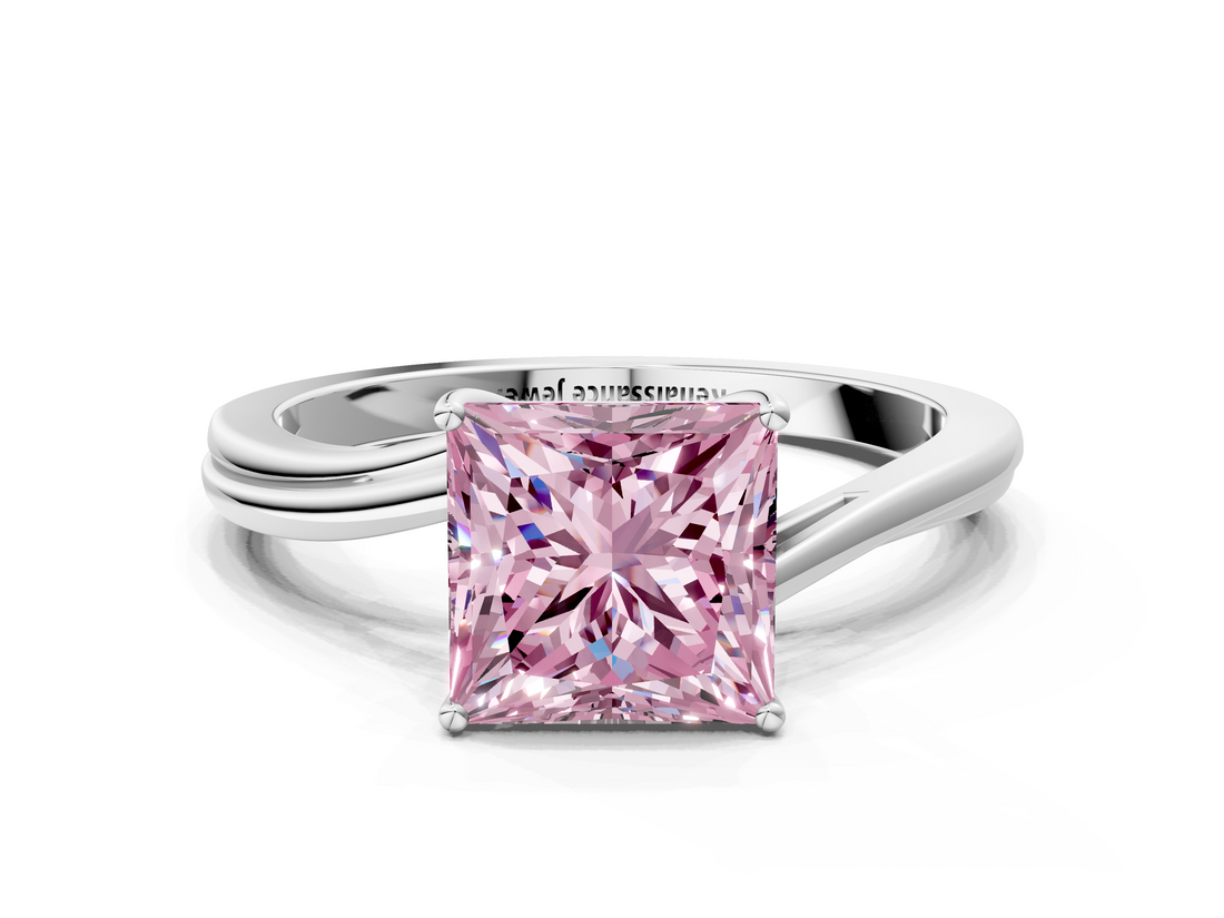 White gold Fancy Pink Princess  Cut Solitaire Twist Band Ring with Four-Prong Setting