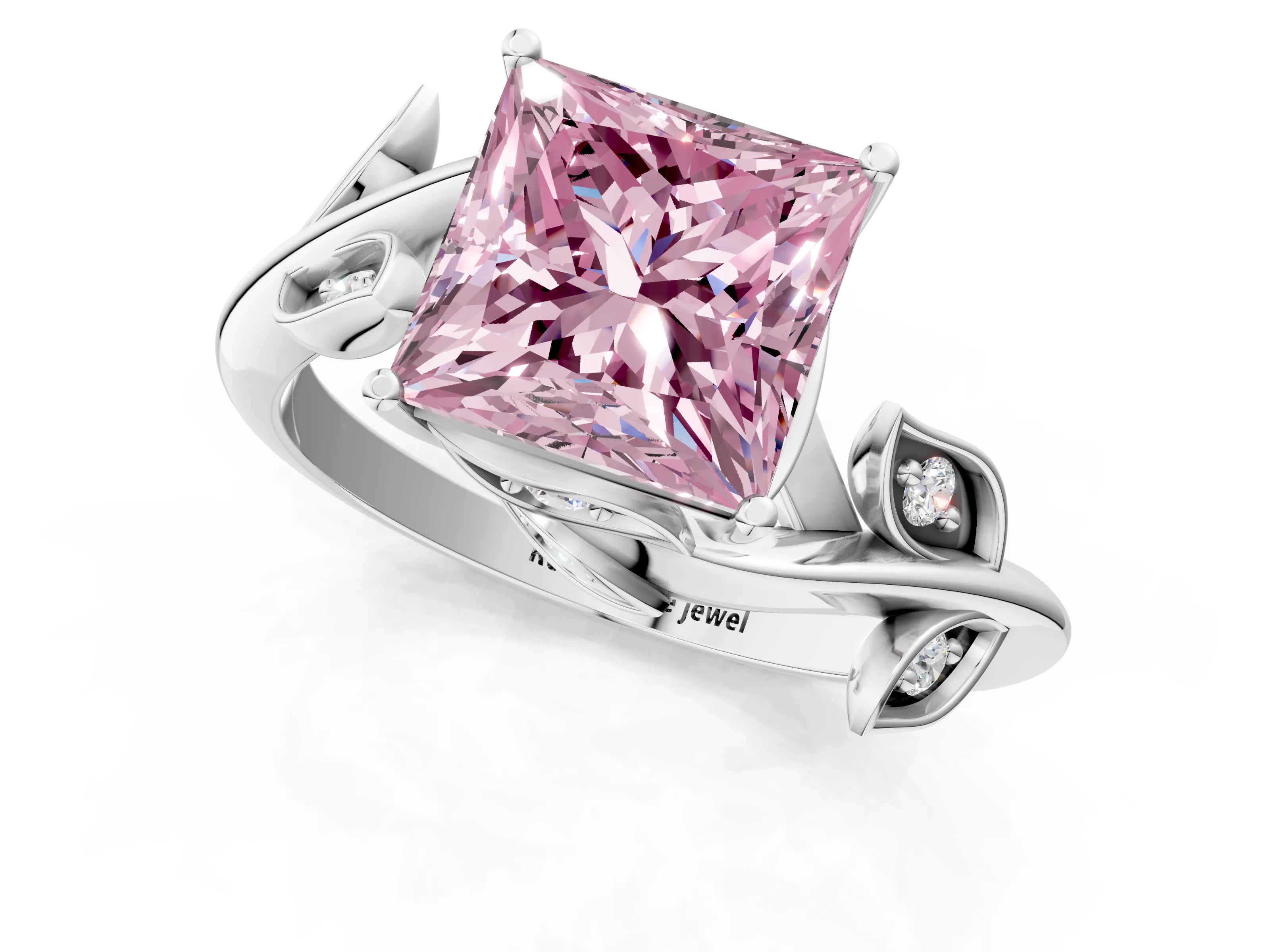 White gold Fancy Pink Princess Cut Solitaire Twist Engagement Ring with Leaf Accents and Prong Setting_13