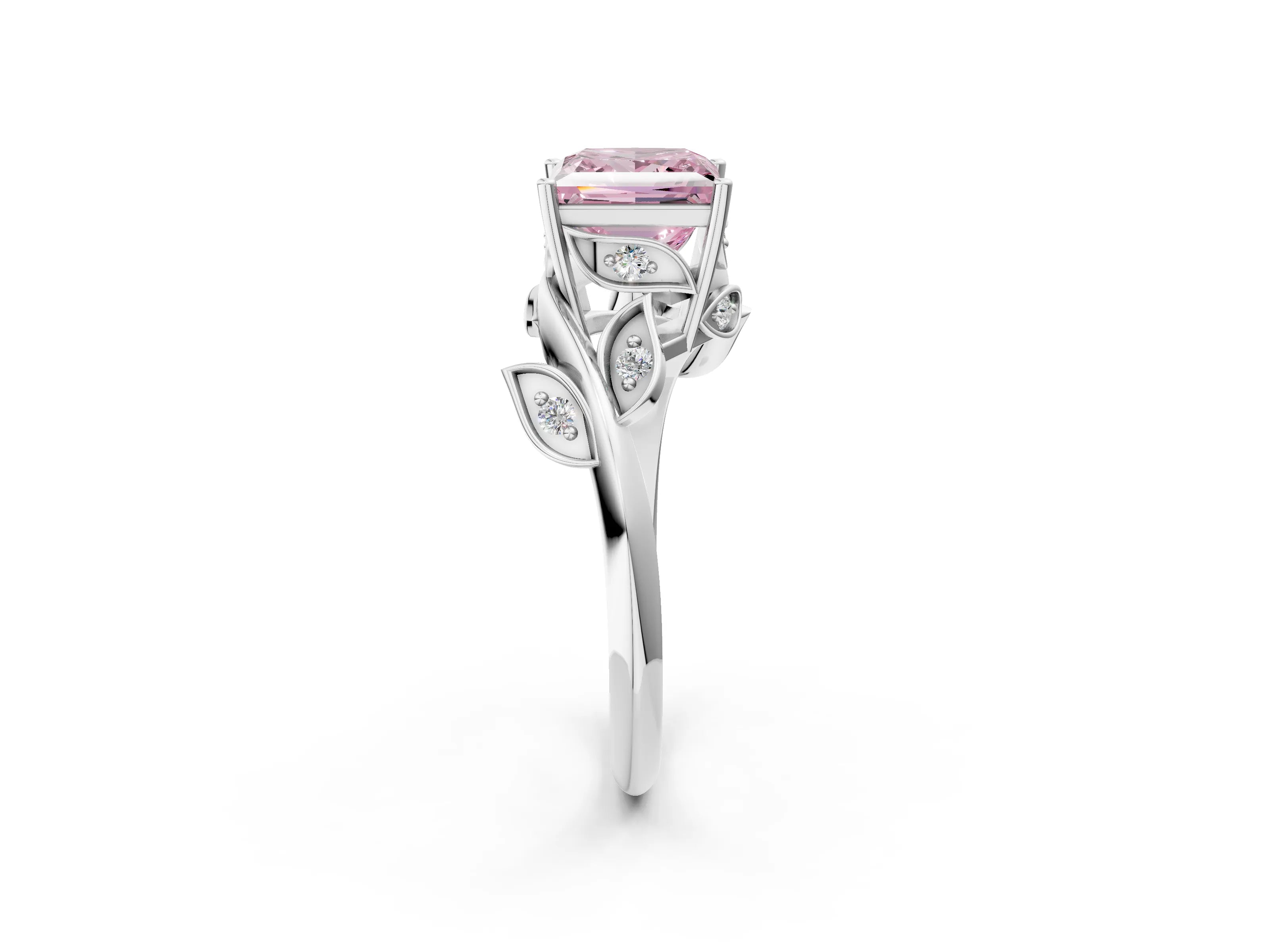 White gold Fancy Pink Princess Cut Solitaire Twist Engagement Ring with Leaf Accents and Prong Setting_14