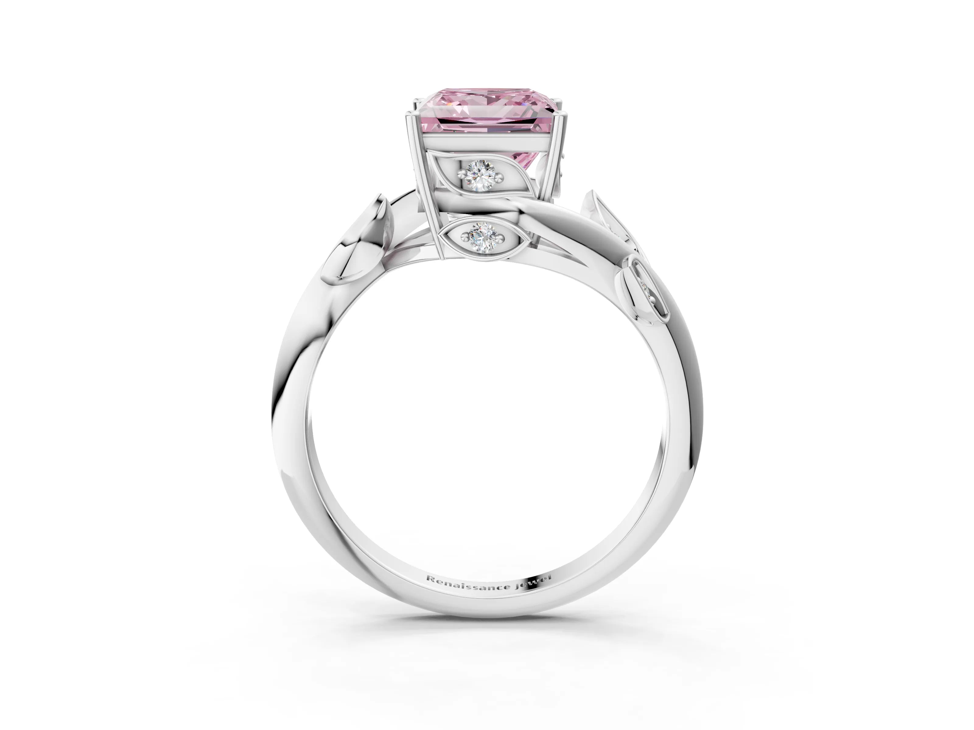 White gold Fancy Pink Princess Cut Solitaire Twist Engagement Ring with Leaf Accents and Prong Setting_15