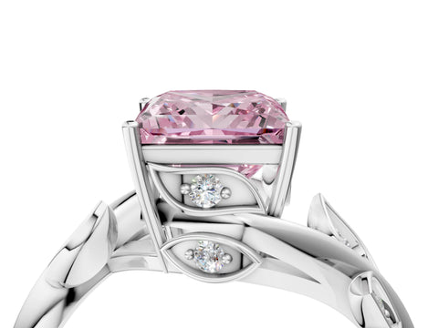 White gold Fancy Pink Princess Cut Solitaire Twist Engagement Ring with Leaf Accents and Prong Setting_16