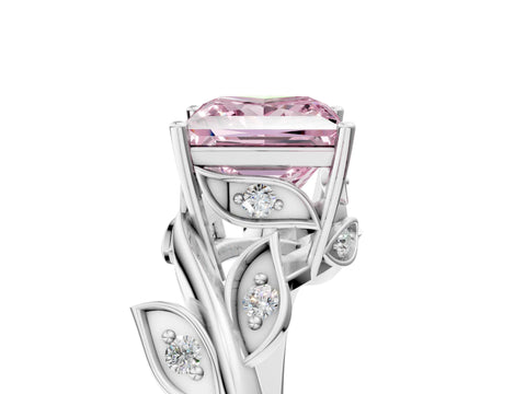 White gold Fancy Pink Princess Cut Solitaire Twist Engagement Ring with Leaf Accents and Prong Setting_17