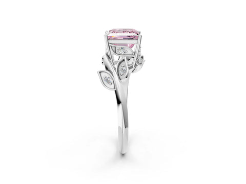 White gold Fancy Pink Princess Cut Solitaire Twist Engagement Ring with Leaf Accents and Prong Setting_2