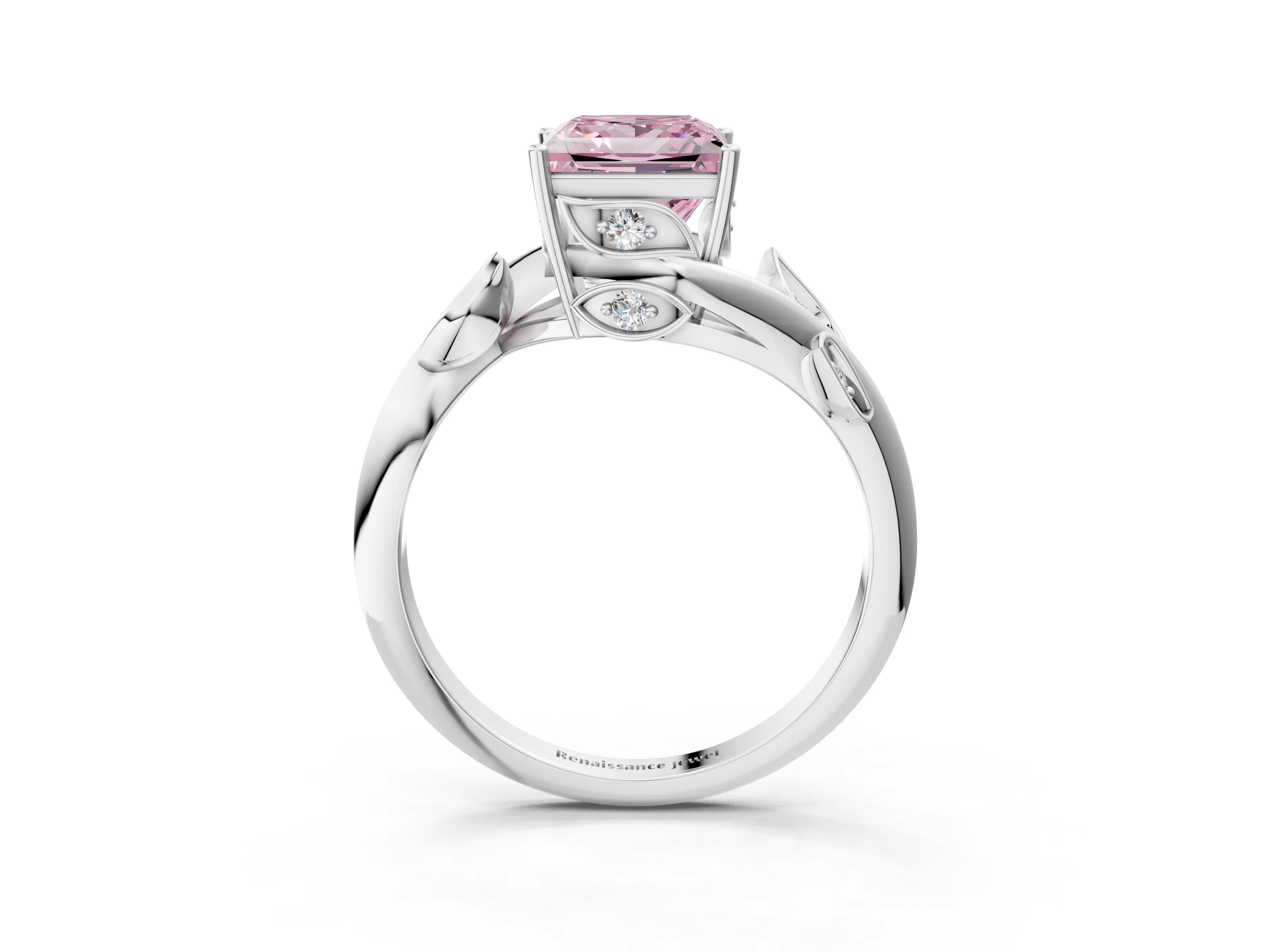 White gold Fancy Pink Princess Cut Solitaire Twist Engagement Ring with Leaf Accents and Prong Setting_3