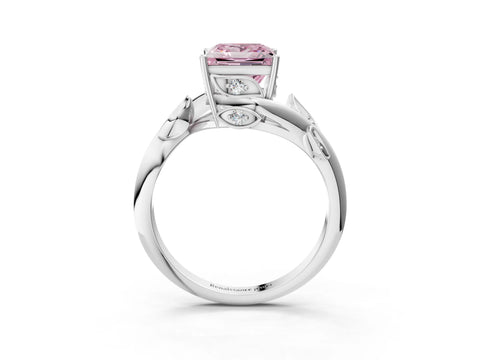 White gold Fancy Pink Princess Cut Solitaire Twist Engagement Ring with Leaf Accents and Prong Setting_3