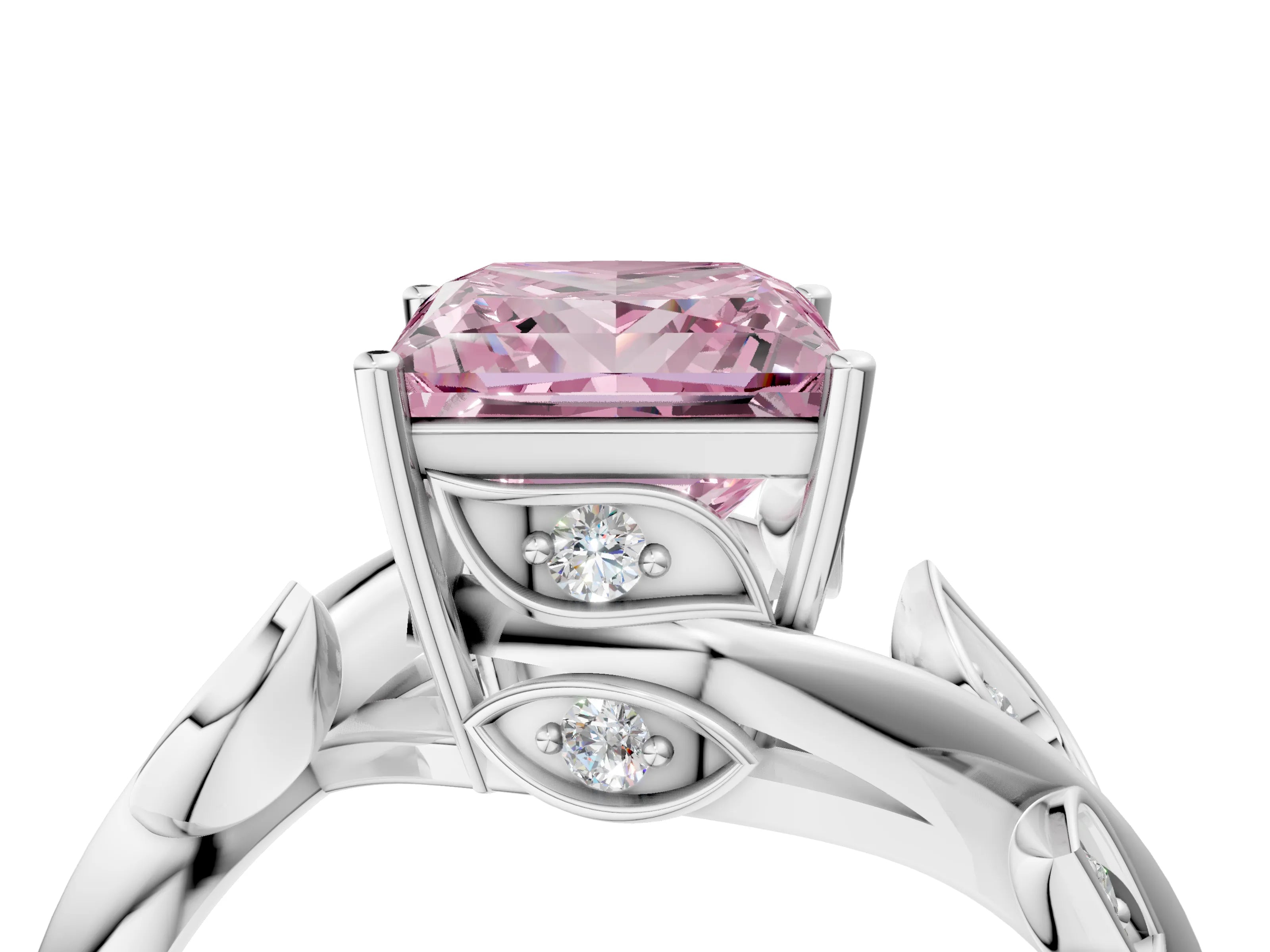 White gold Fancy Pink Princess Cut Solitaire Twist Engagement Ring with Leaf Accents and Prong Setting_4