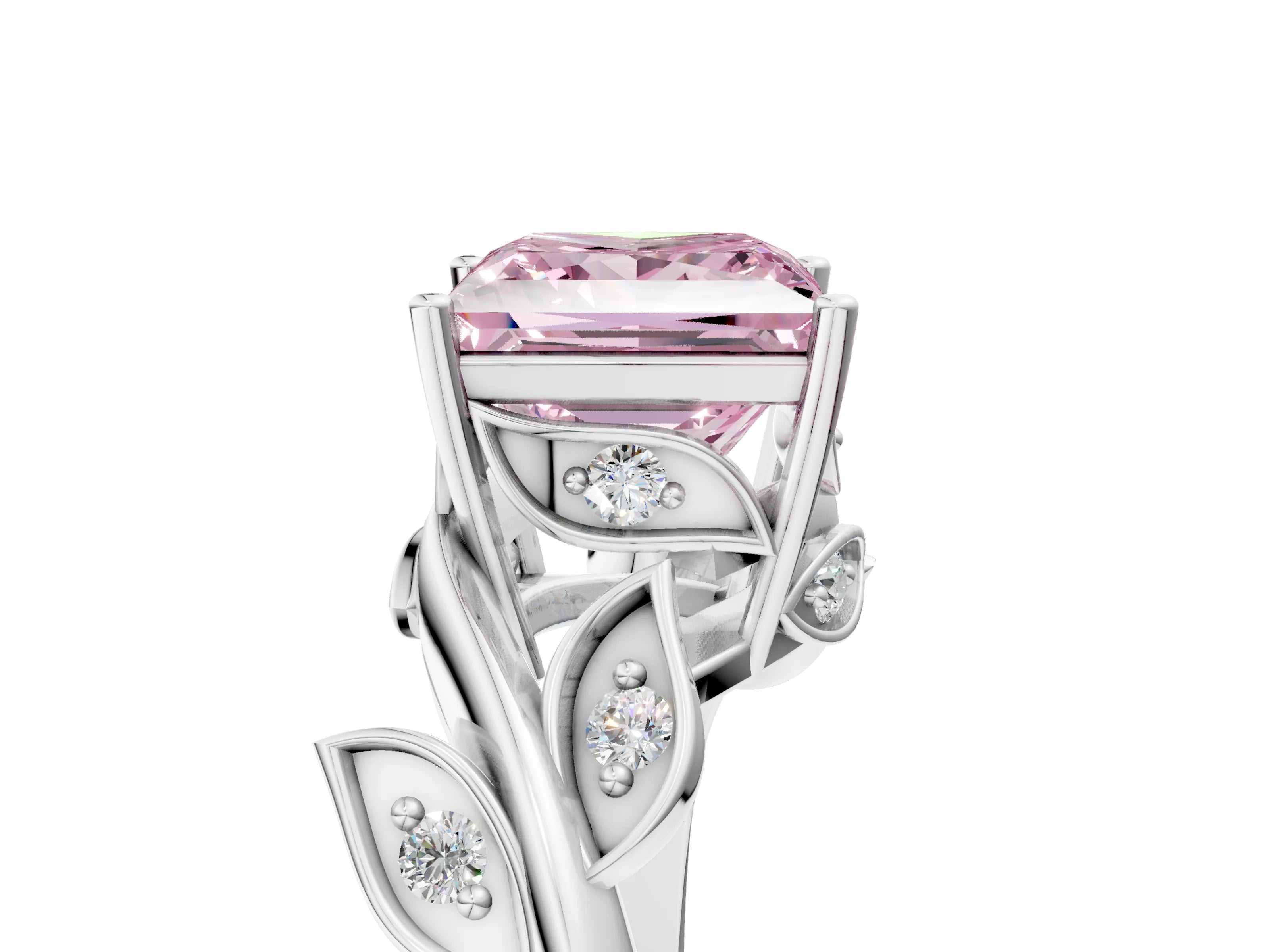 White gold Fancy Pink Princess Cut Solitaire Twist Engagement Ring with Leaf Accents and Prong Setting_5