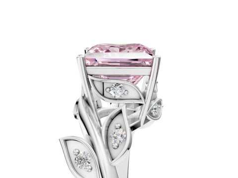 White gold Fancy Pink Princess Cut Solitaire Twist Engagement Ring with Leaf Accents and Prong Setting_5