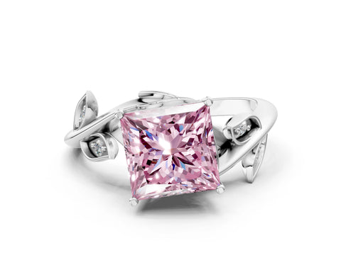 White gold Fancy Pink Princess Cut Solitaire Twist Engagement Ring with Leaf Accents and Prong Setting