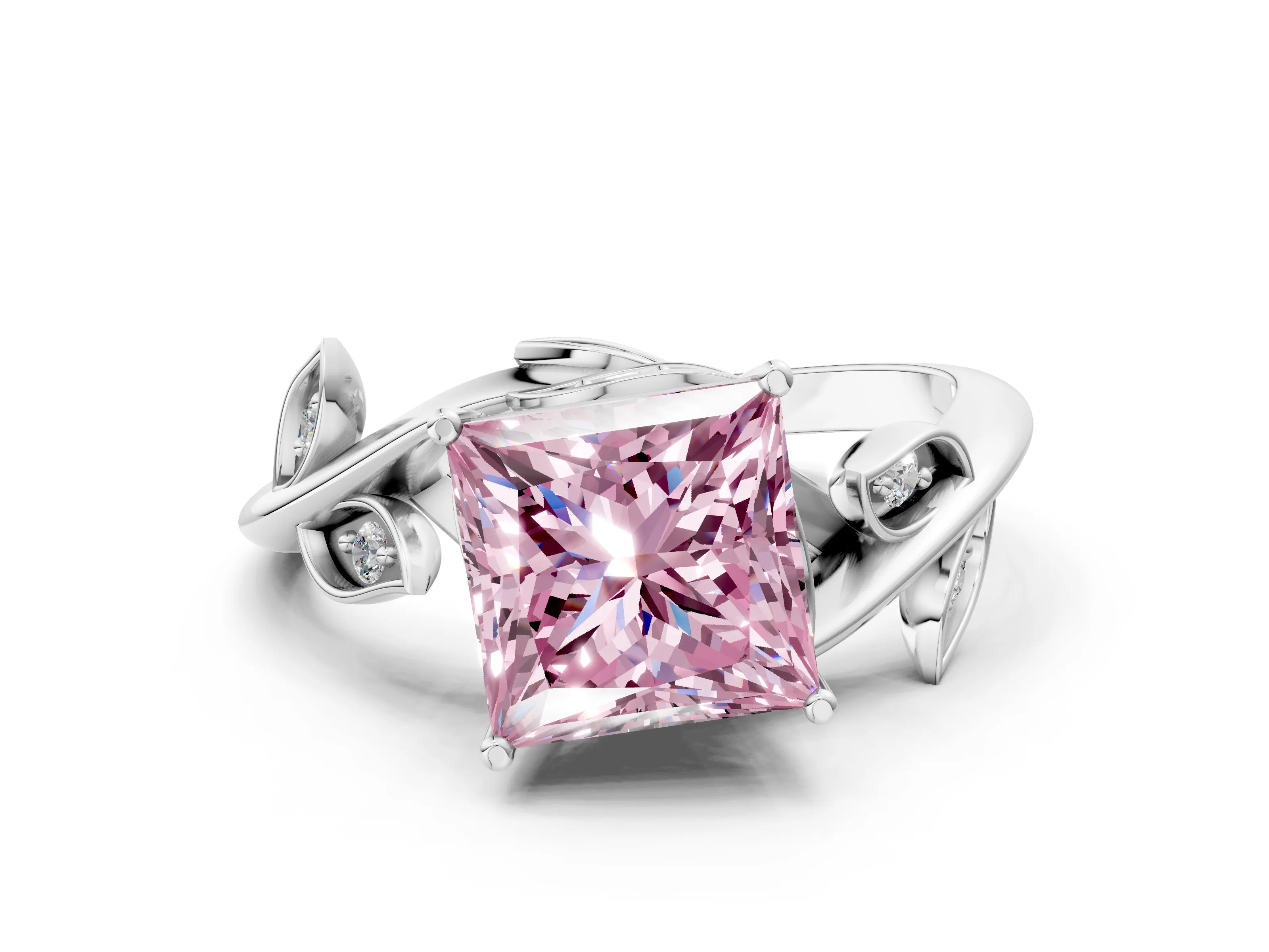 White gold Fancy Pink Princess Cut Solitaire Twist Engagement Ring with Leaf Accents and Prong Setting