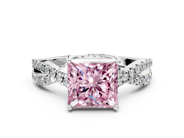 White gold Fancy Pink Princess Cut Solitaire Twist Pave Diamond Engagement Ring with Prong Setting