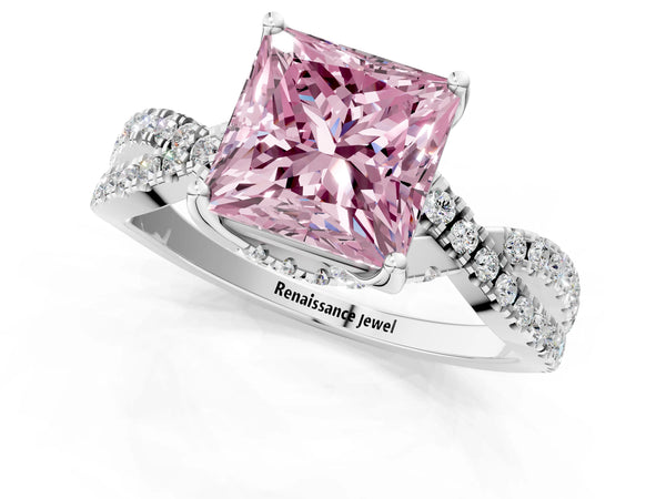 White gold Fancy Pink Princess Cut Solitaire Twist Pave Diamond Engagement Ring with Prong Setting