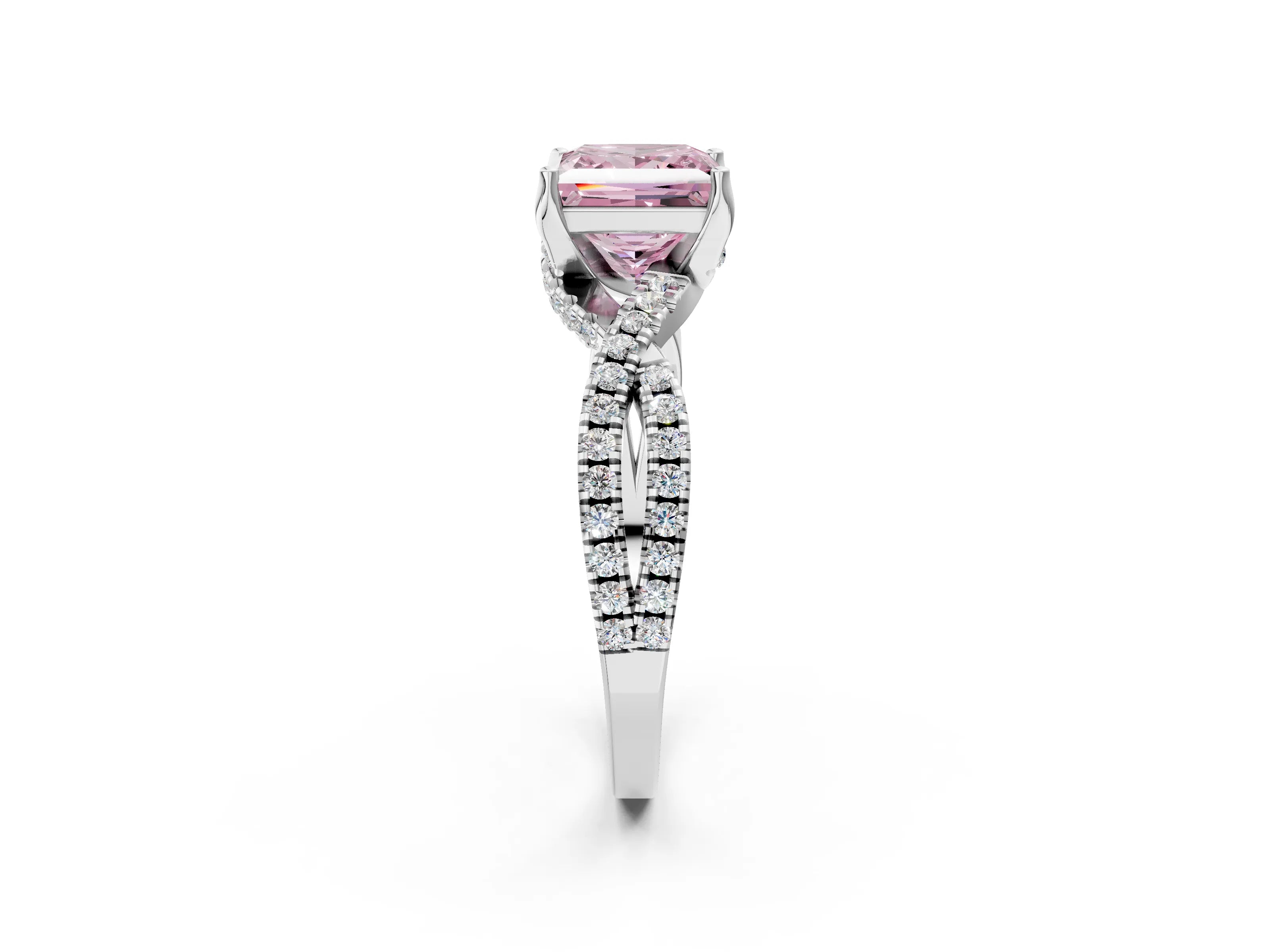 White gold Fancy Pink Princess Cut Solitaire Twist Pave Diamond Engagement Ring with Prong Setting_14