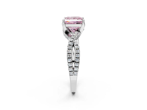 White gold Fancy Pink Princess Cut Solitaire Twist Pave Diamond Engagement Ring with Prong Setting