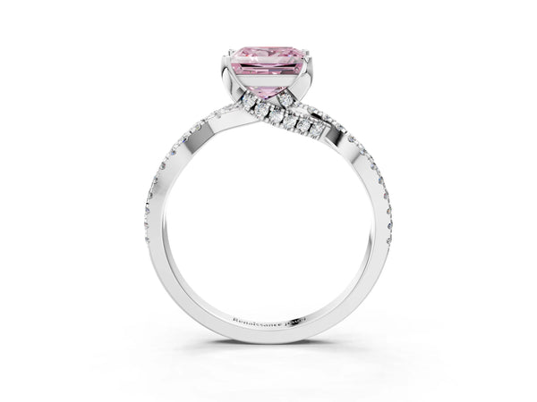 White gold Fancy Pink Princess Cut Solitaire Twist Pave Diamond Engagement Ring with Prong Setting