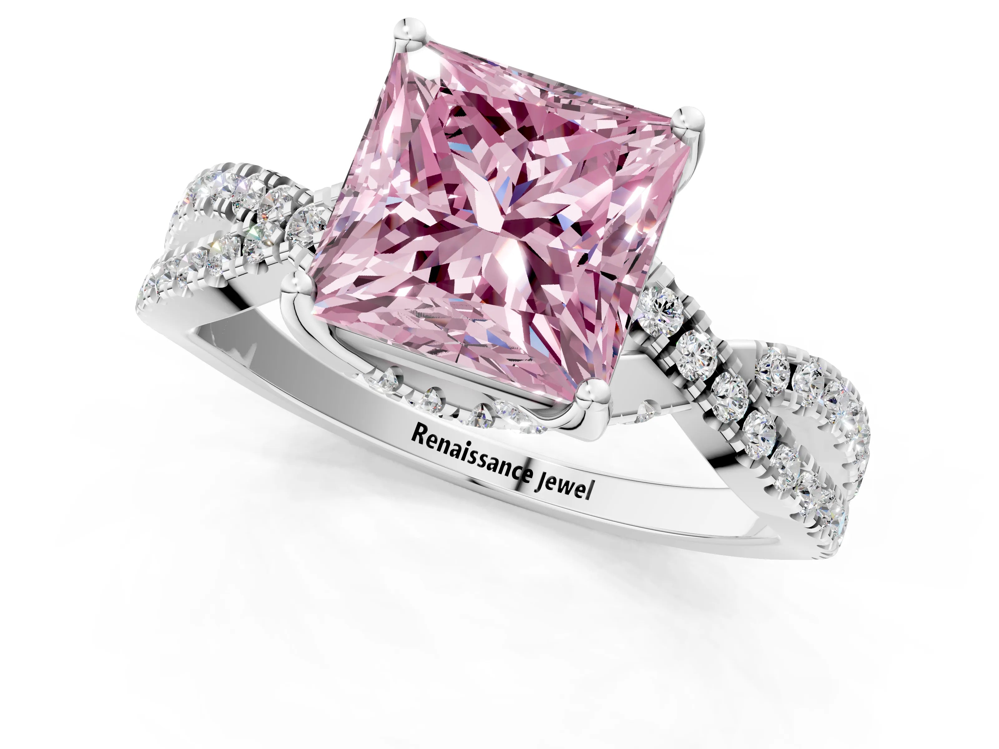 White gold Fancy Pink Princess Cut Solitaire Twist Pave Diamond Engagement Ring with Prong Setting_1
