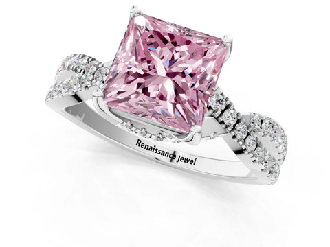 White gold Fancy Pink Princess Cut Solitaire Twist Pave Diamond Engagement Ring with Prong Setting_1