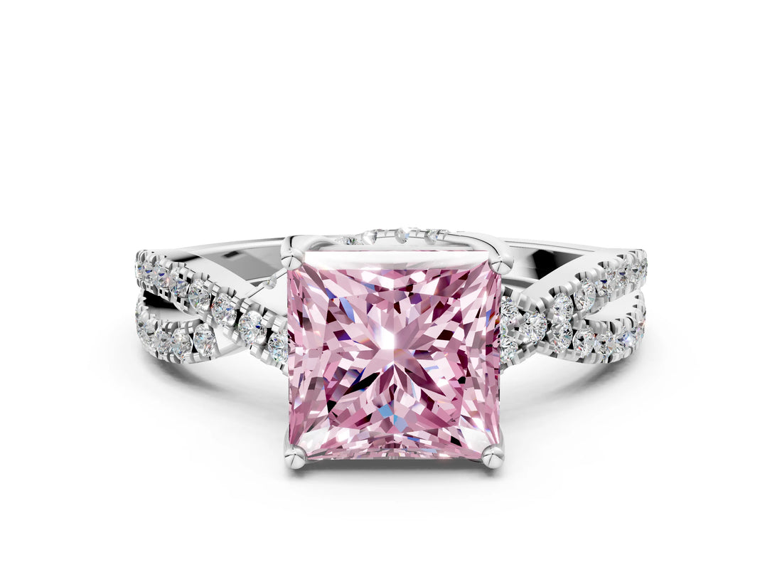 White gold Fancy Pink Princess Cut Solitaire Twist Pave Diamond Engagement Ring with Prong Setting_1
