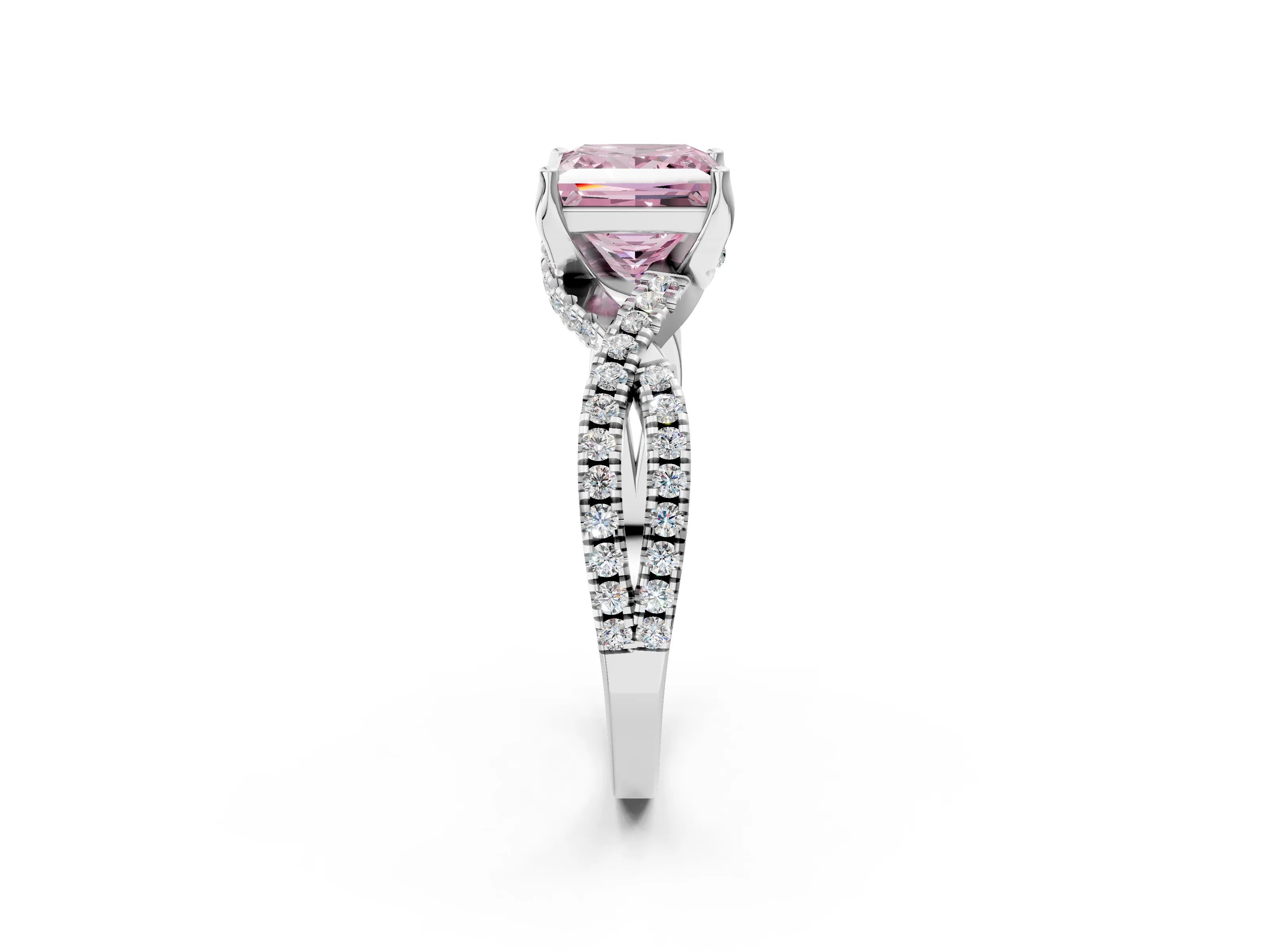 White gold Fancy Pink Princess Cut Solitaire Twist Pave Diamond Engagement Ring with Prong Setting_2
