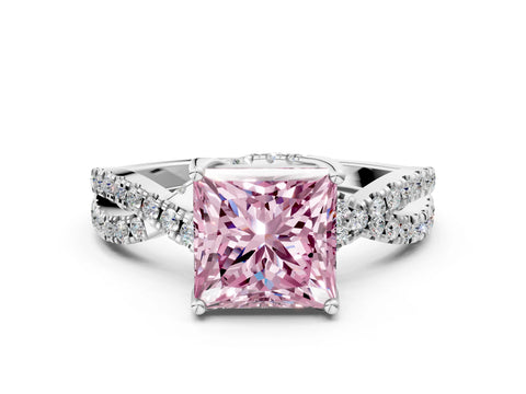 White gold Fancy Pink Princess Cut Solitaire Twist Pave Diamond Engagement Ring with Prong Setting