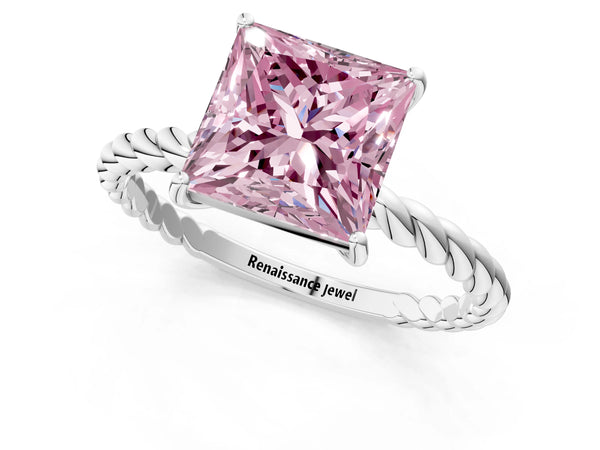 Platinum Fancy Pink Princess Cut Solitaire Twisted Band 4-Prong Ring