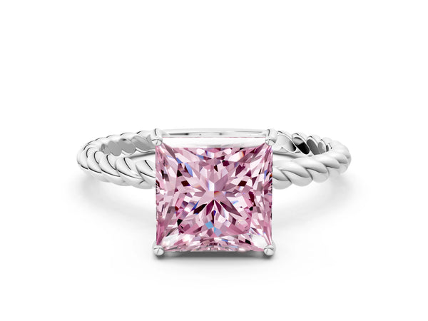 Platinum Fancy Pink Princess Cut Solitaire Twisted Band 4-Prong Ring