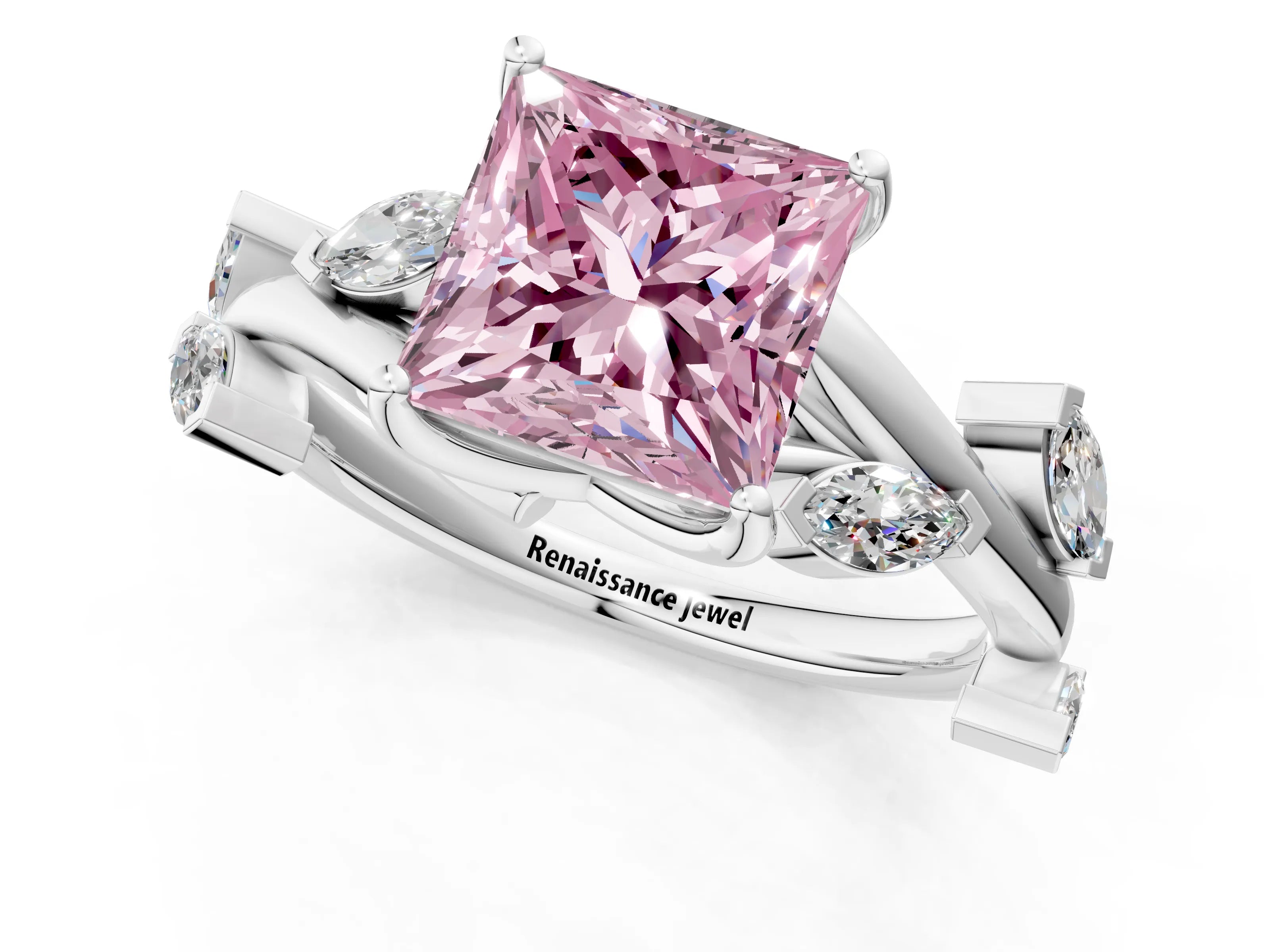 White gold Fancy Pink Princess Cut Solitaire Twisted Band Marquise Accent Prong Setting Ring_1