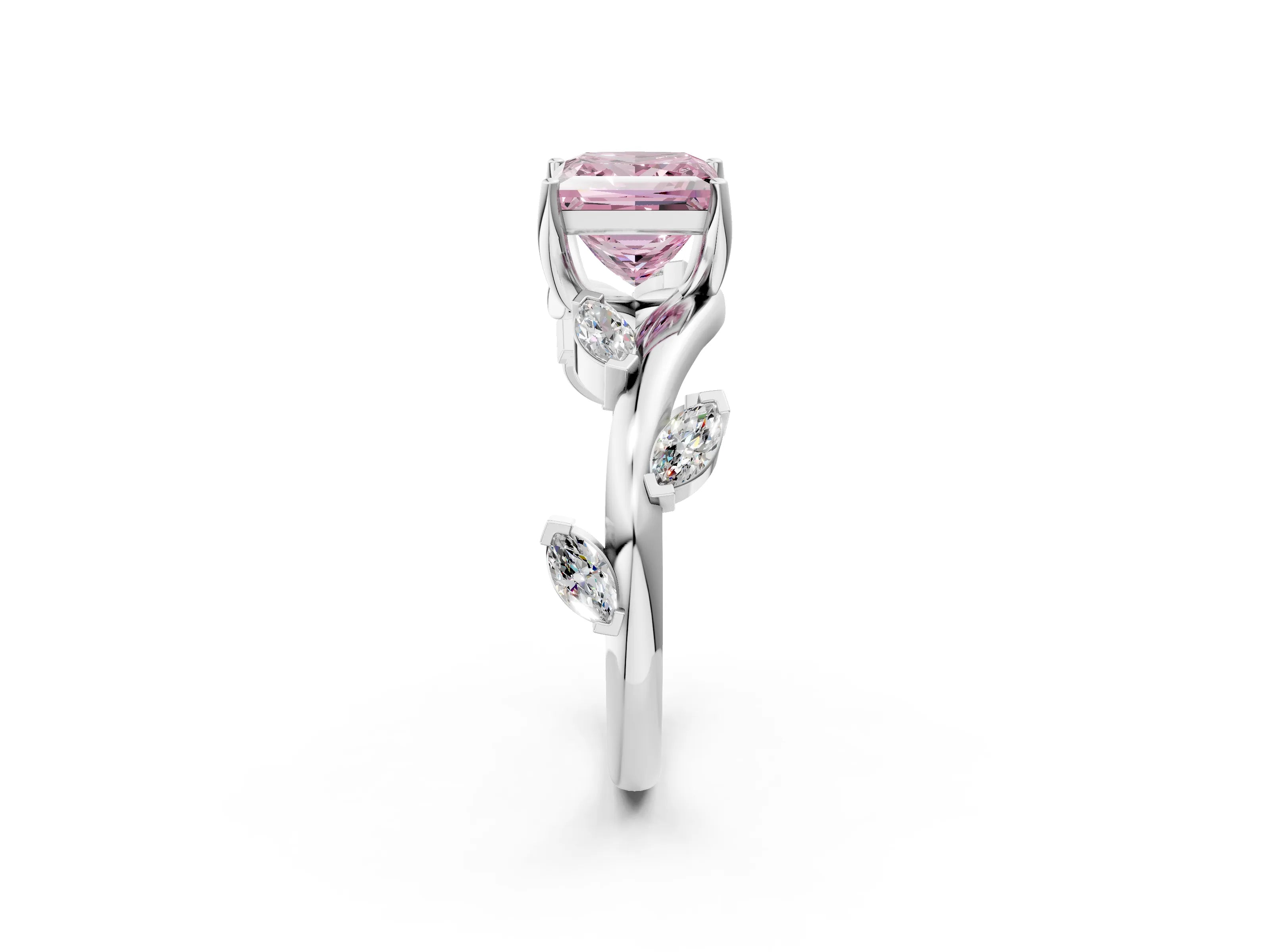 White gold Fancy Pink Princess Cut Solitaire Twisted Band Marquise Accent Prong Setting Ring_2