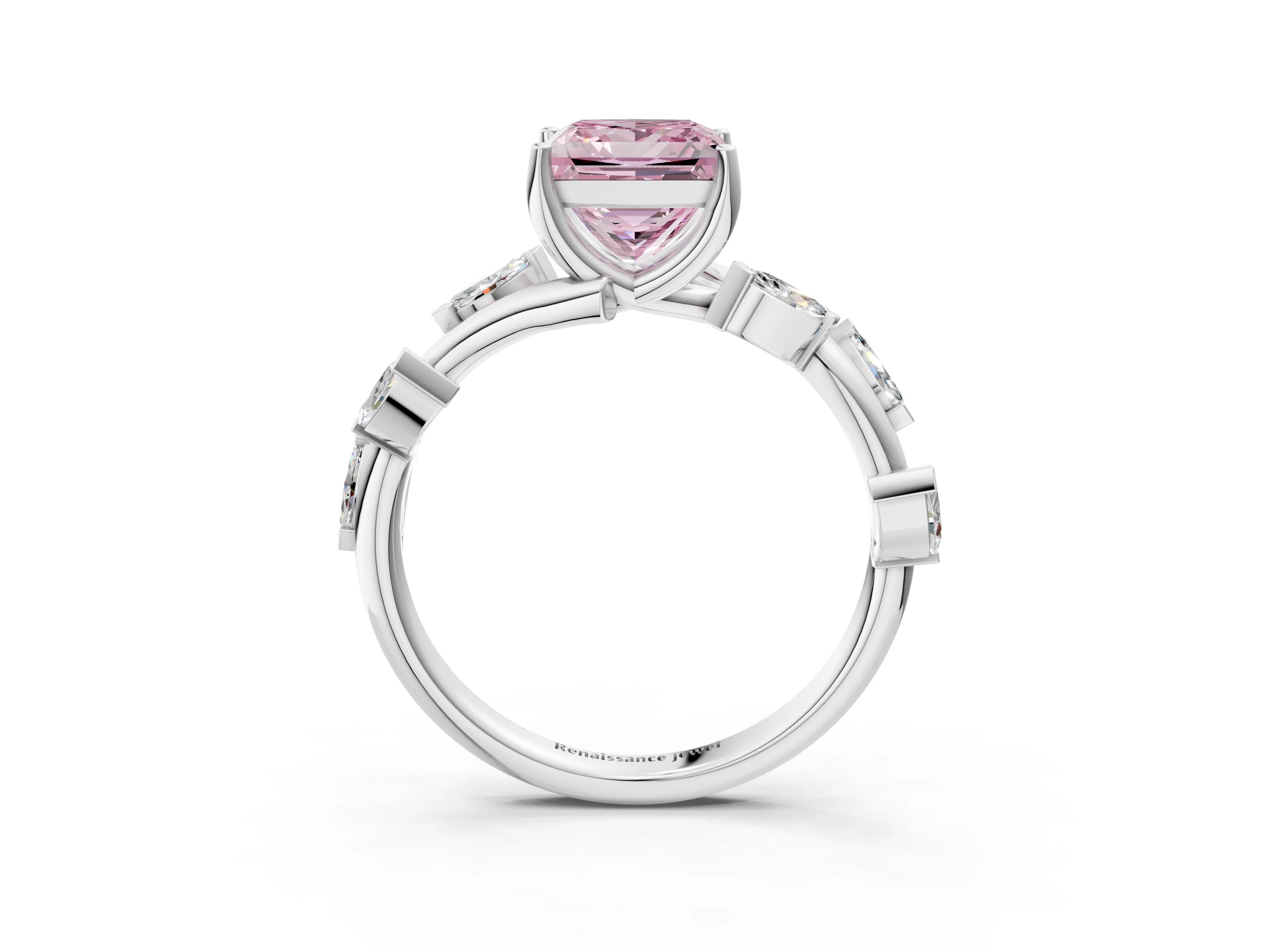 White gold Fancy Pink Princess Cut Solitaire Twisted Band Marquise Accent Prong Setting Ring_3