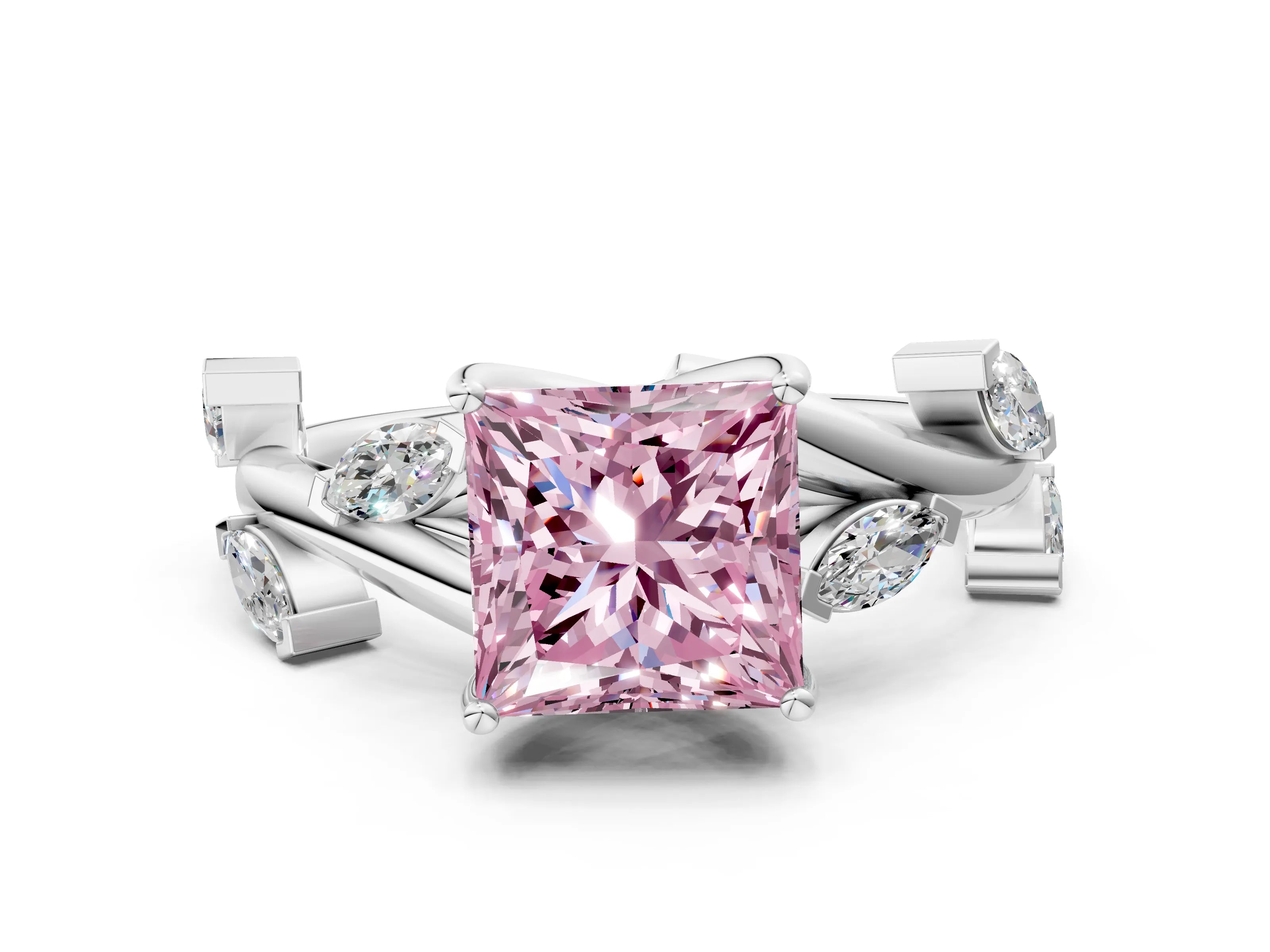 White gold Fancy Pink Princess Cut Solitaire Twisted Band Marquise Accent Prong Setting Ring