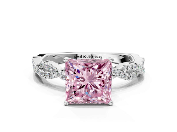 Platinum Fancy Pink Princess Cut Solitaire Twisted Pave Band with Four-Prong Setting