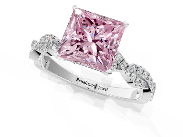 Platinum Fancy Pink Princess Cut Solitaire Twisted Pave Band with Four-Prong Setting