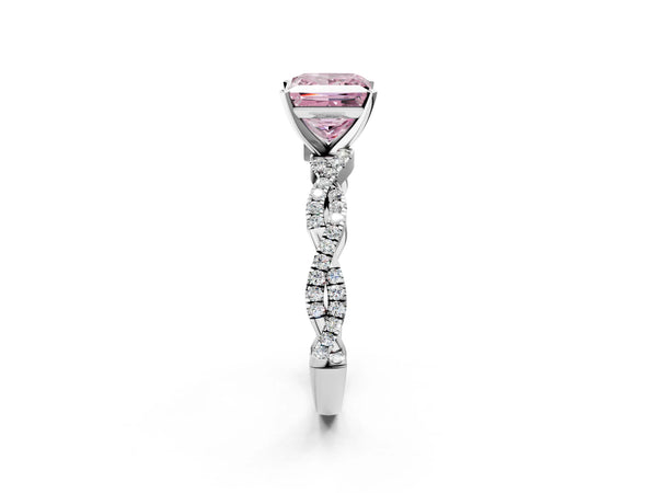 Platinum Fancy Pink Princess Cut Solitaire Twisted Pave Band with Four-Prong Setting