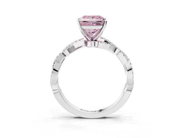 Platinum Fancy Pink Princess Cut Solitaire Twisted Pave Band with Four-Prong Setting