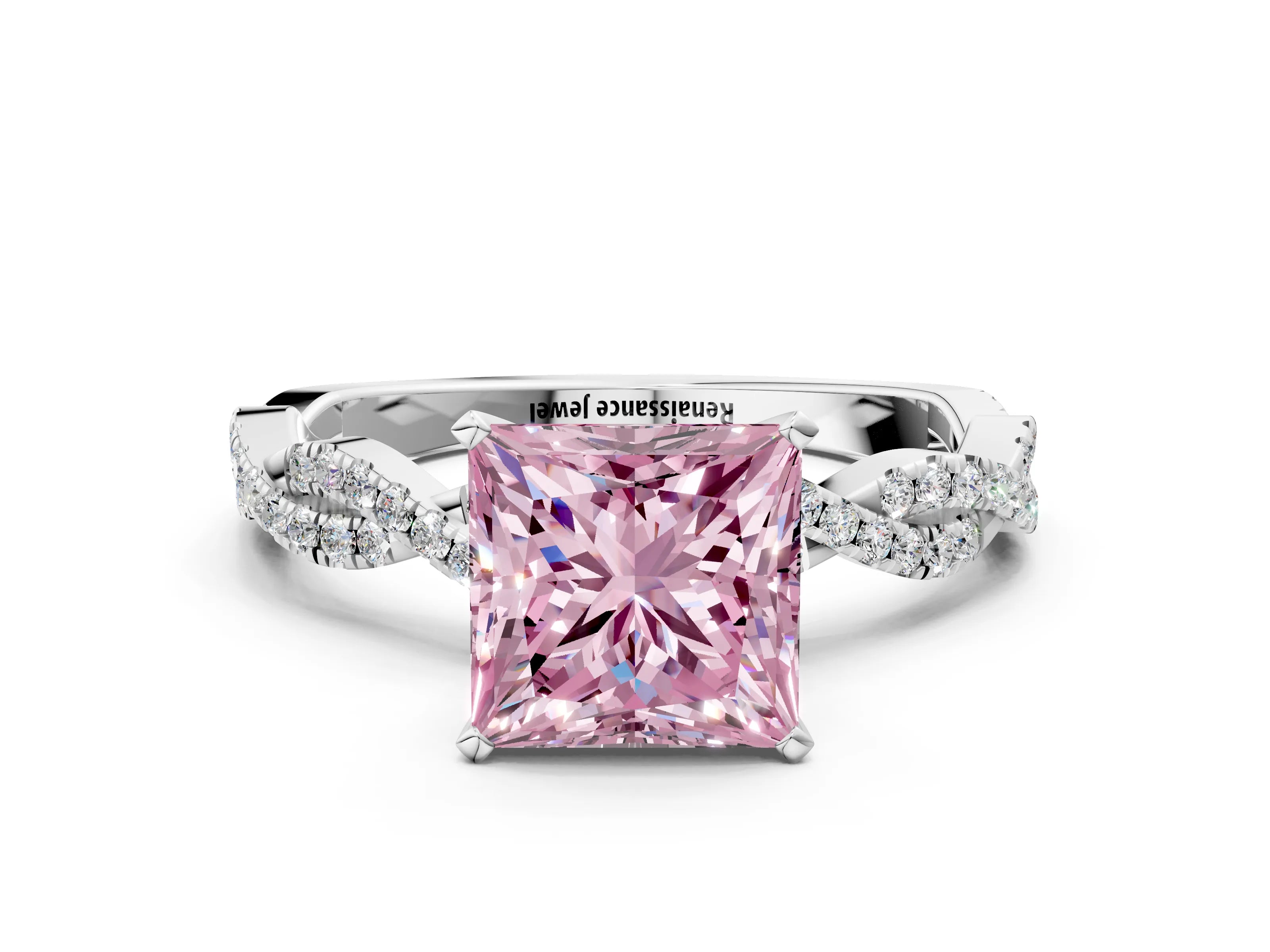 White gold Fancy Pink Princess Cut Solitaire Twisted Pave Band with Four-Prong Setting_3