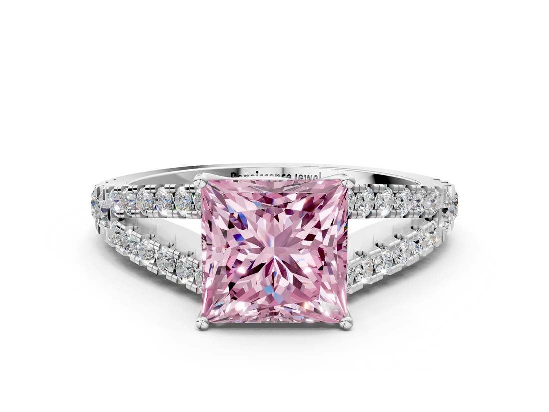 White gold Fancy Pink Princess  Cut Split Shank Pave Diamond Engagement Ring with Four-Prong Setting