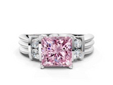 White gold Fancy Pink Princess  Cut Three-Stone Channel Set Ring with Bar Prongs
