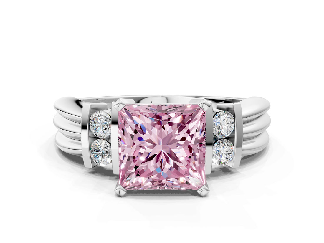 White gold Fancy Pink Princess  Cut Three-Stone Channel Set Ring with Bar Prongs