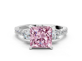 White gold Fancy Pink Princess  Cut Three-Stone Diamond Pavé Band with Prong Setting