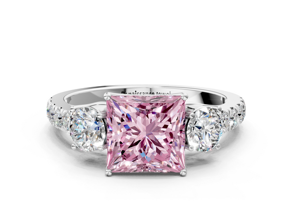 Platinum Fancy Pink Princess  Cut Diamond Three-Stone Ring with Round Side Stones and Pavé Band