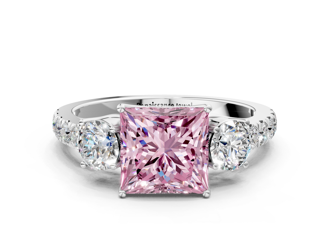 White gold Fancy Pink Princess  Cut Three-Stone Diamond Pave Band with Prong Setting_18