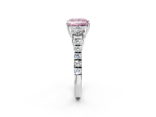 Platinum Fancy Pink Princess  Cut Diamond Three-Stone Ring with Round Side Stones and Pavé Band