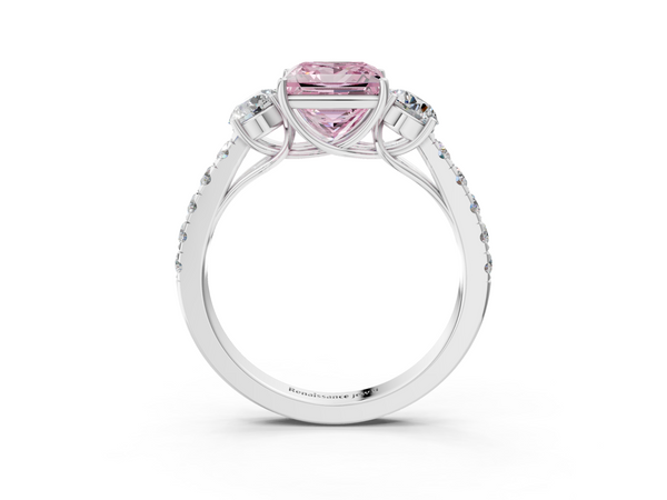 Platinum Fancy Pink Princess  Cut Diamond Three-Stone Ring with Round Side Stones and Pavé Band