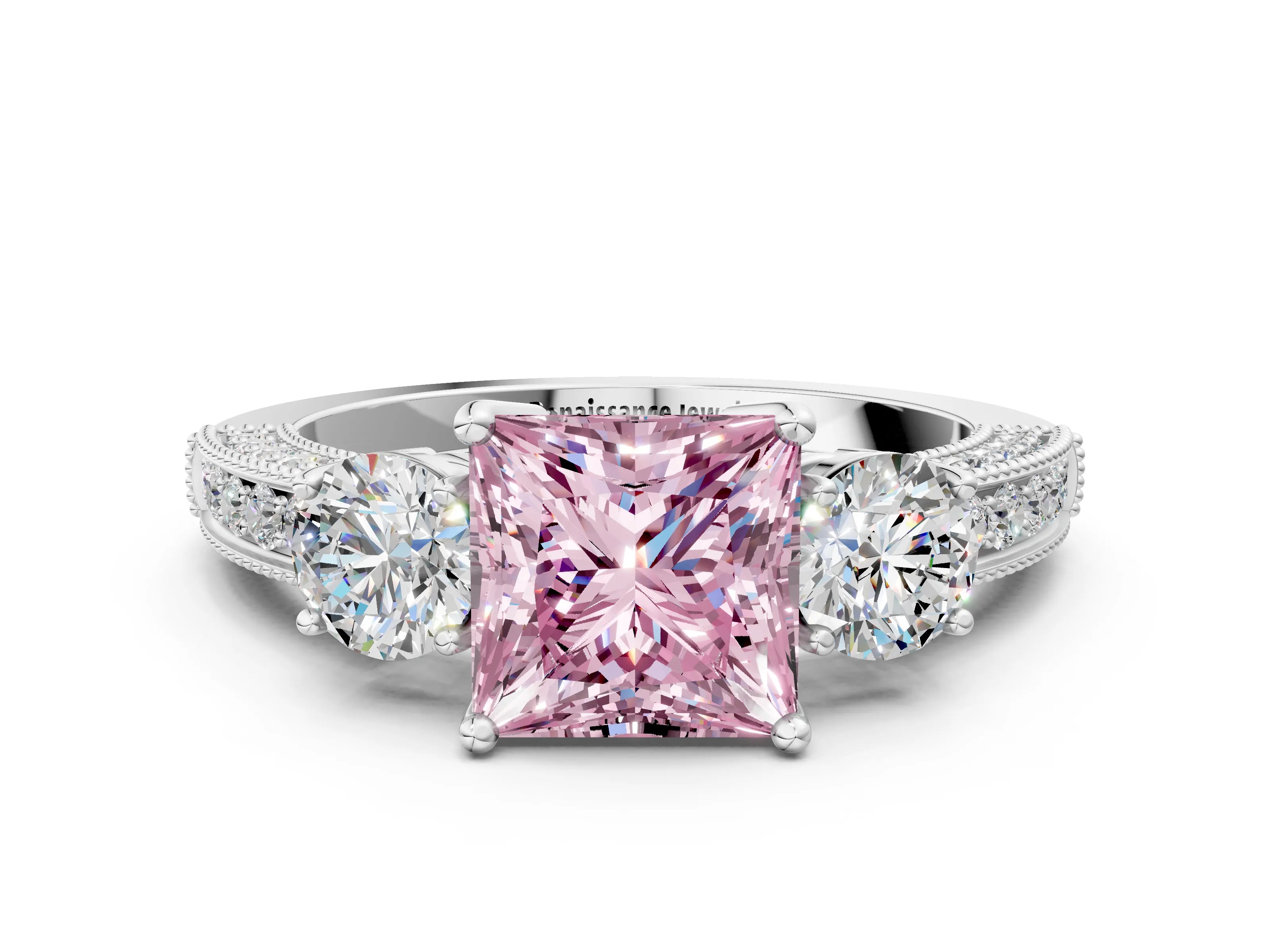 White gold Fancy Pink Princess Cut Three-Stone Diamond Ring with Pavé Band and Four-Prong Setting