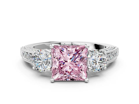 White gold Fancy Pink Princess Cut Three-Stone Diamond Ring with Pavé Band and Four-Prong Setting