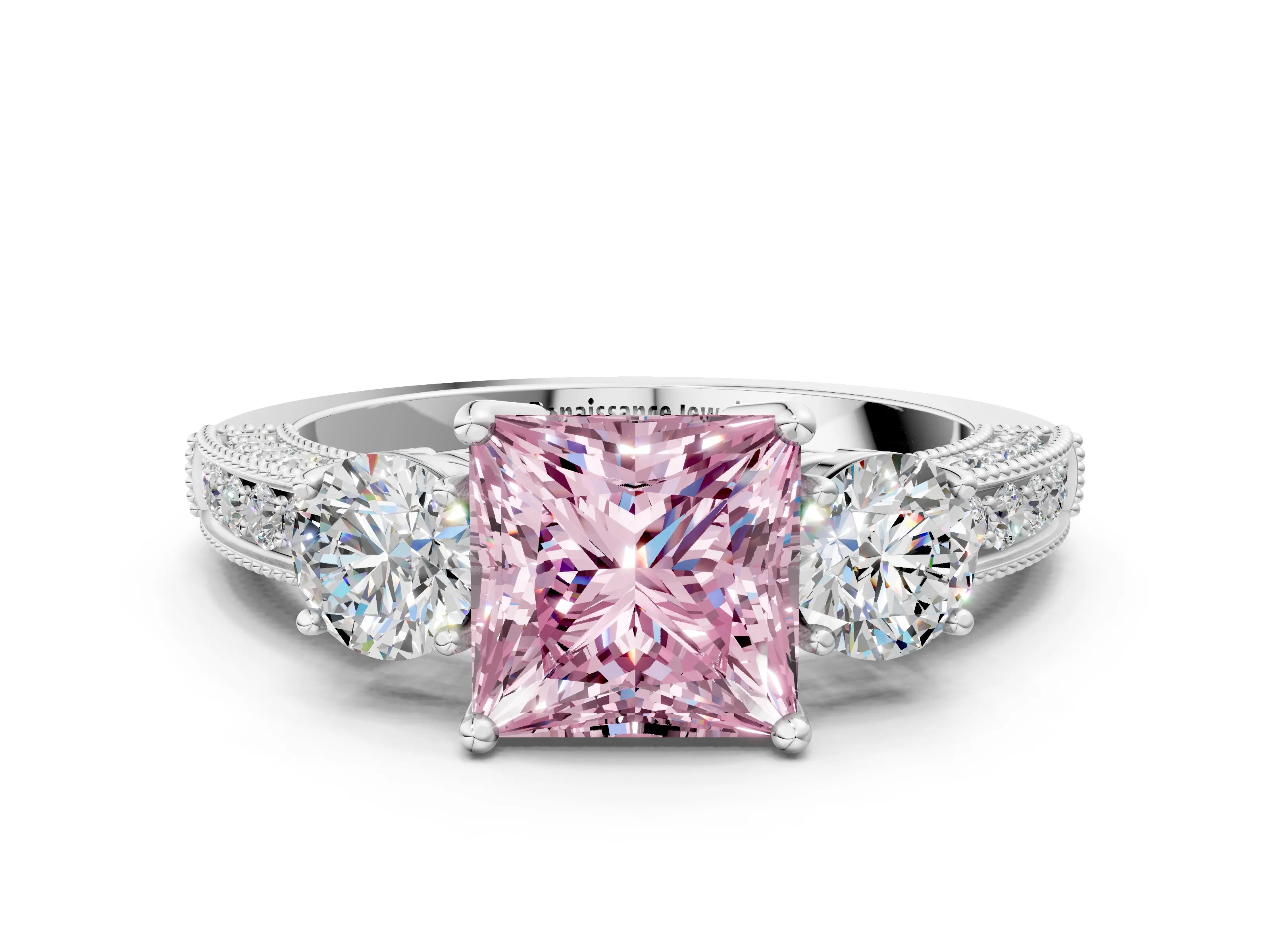 White gold Fancy Pink Princess Cut Three-Stone Diamond Ring with Pavé Band and Four-Prong Setting_12